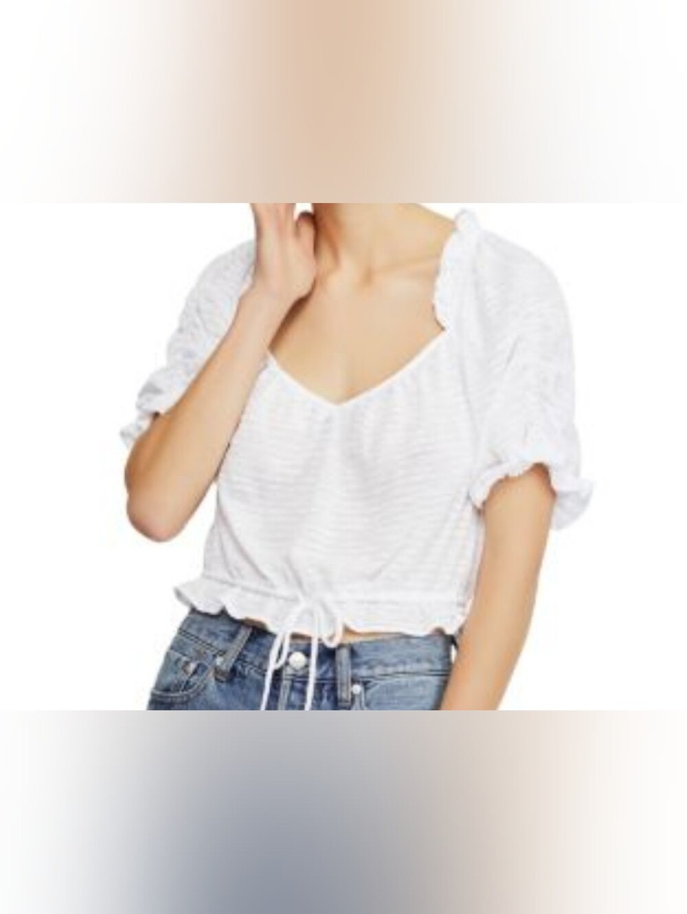 Free People White Textured Peasant Top with Puff Sleeves